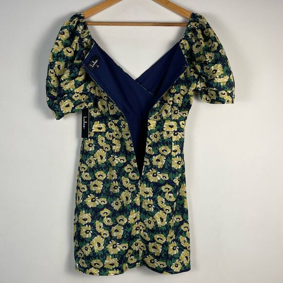 Lulus Floral Inclusive Floral Print Puff Sleeve Mini Dress Small Navy Yellow NEW - Picture 10 of 13